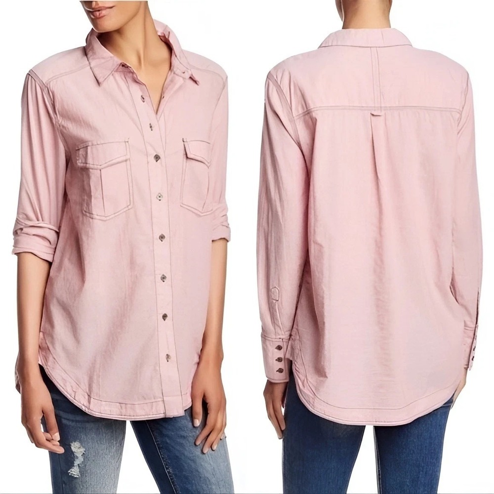Free People Last Chance Shirt Pink Cotton Button Down Long Sleeve Top Women's LG